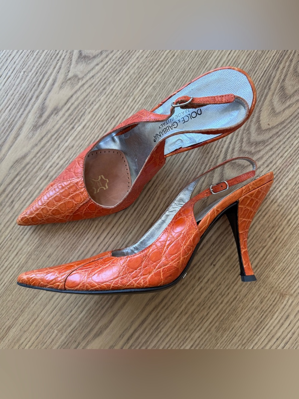 Dolce & Gabbana Orange Croc-Embossed Slingback Heels